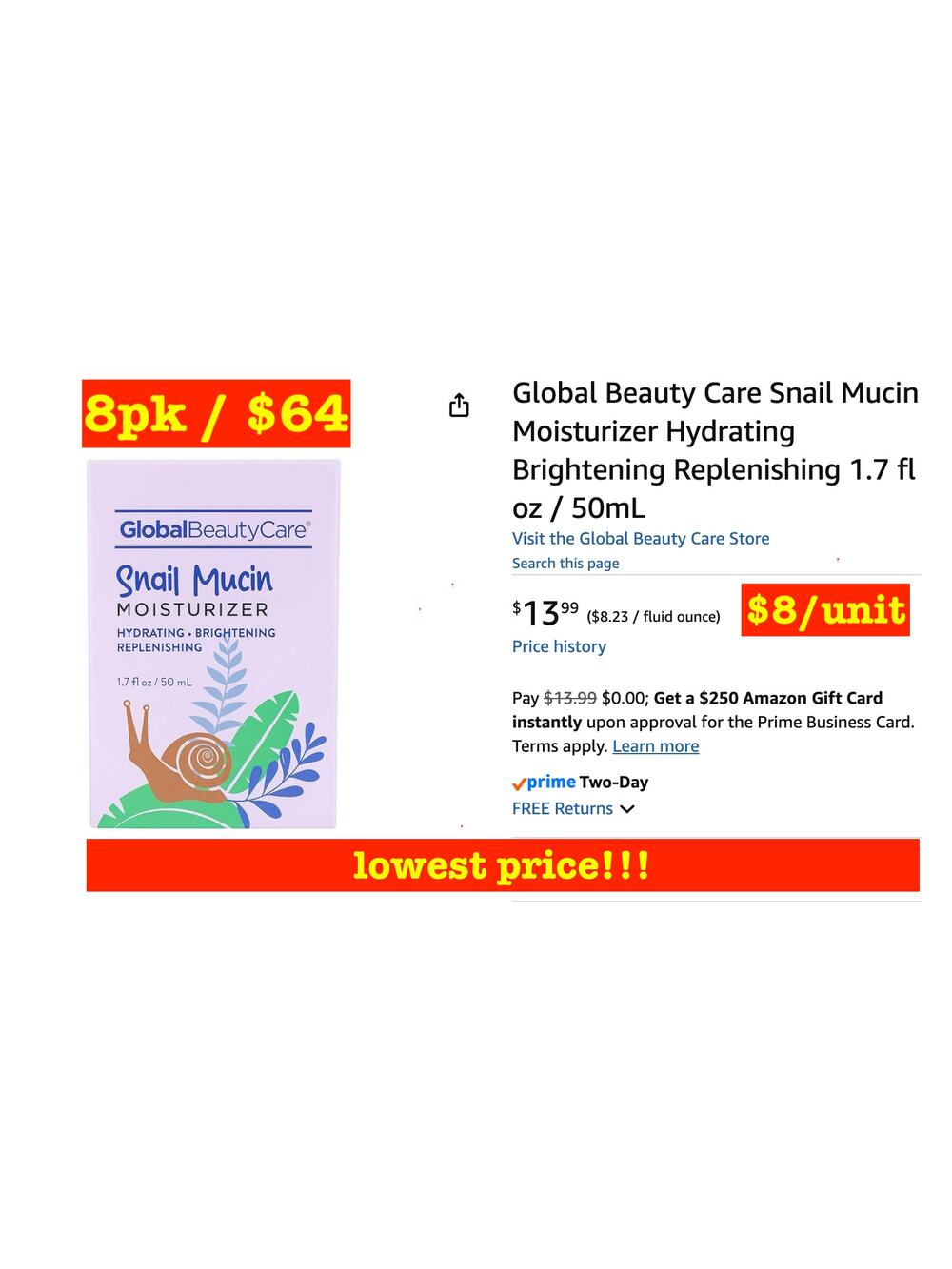 8pack ... Global Beauty Care Snail Mucin Moisturizer Hydrating